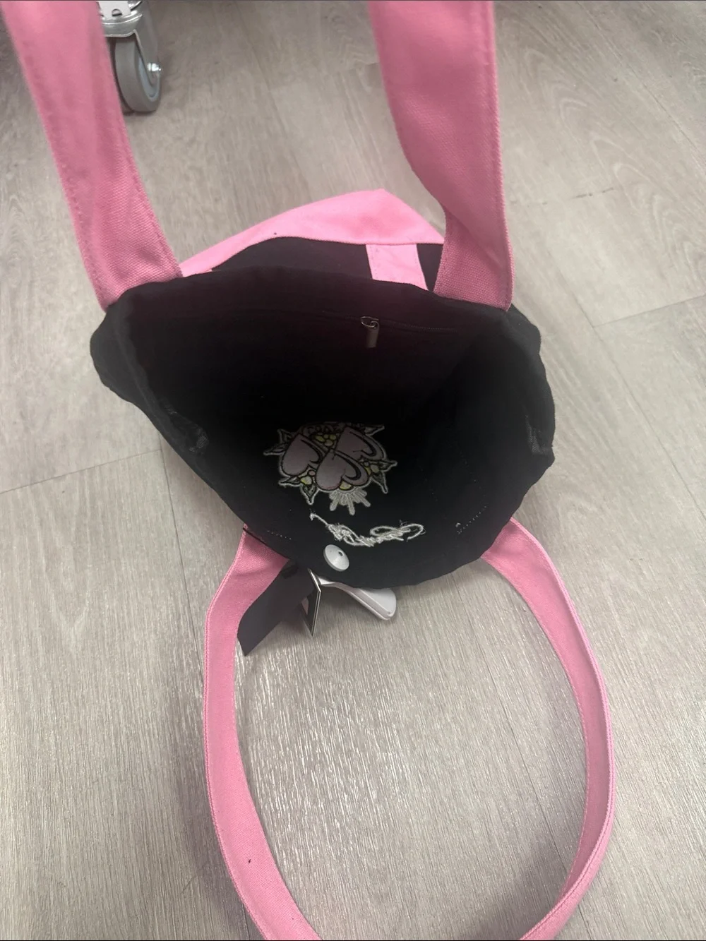 Pink & Black Canvas Tote Bag with Heart Patch
